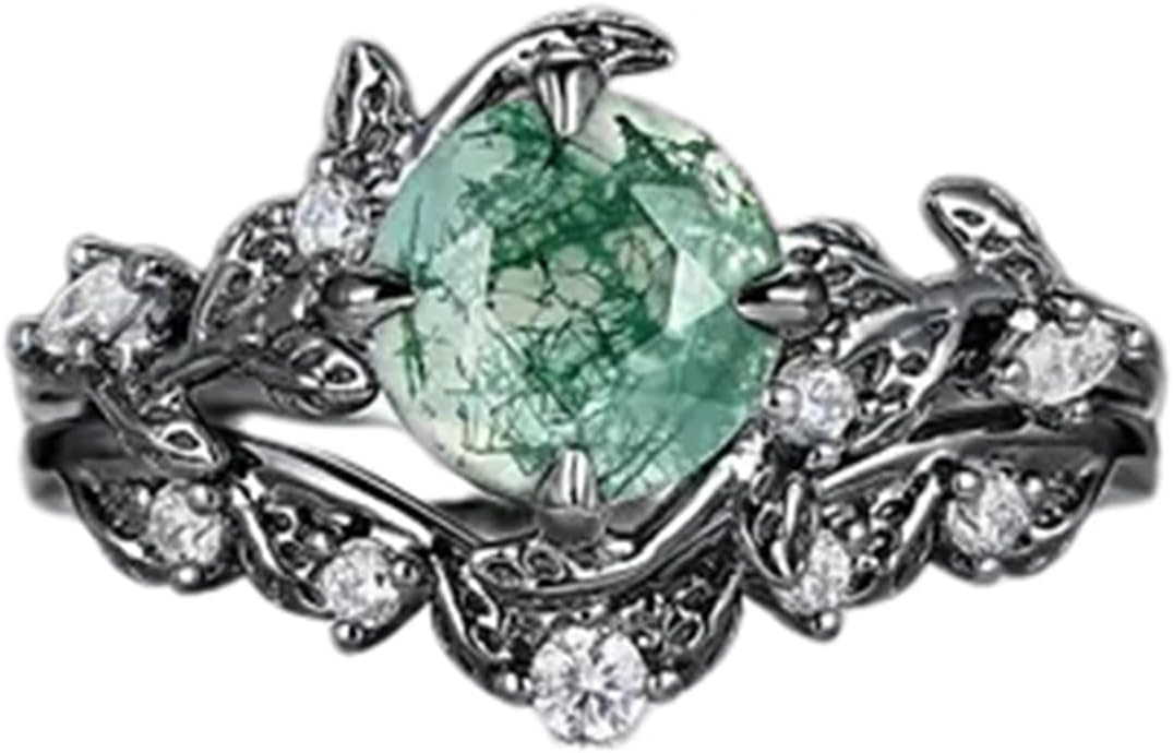 Natural Moss Agate Ring 925 Sterling Silver Moss Agate Engagement Ring Set Promise Wedding Ring Jewelry Gift for Women