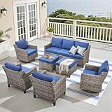7 piece outdoor patio furniture set all weather outdoor conversation sets sectional sofa with wicker swivel rocker patio chairs thick cushions ottomans for porch balcony patio deck grey blue