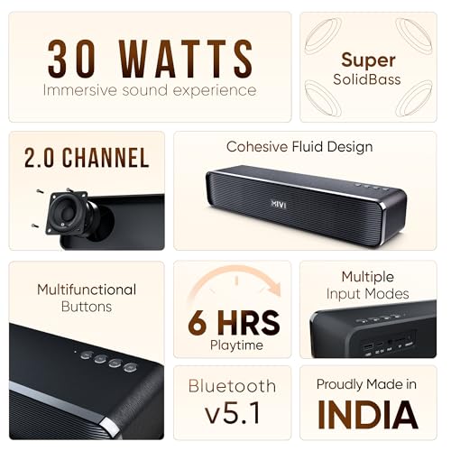 Image of Mivi Fort H30 Portable Bluetooth Speakers Soundbar - [Newly launched] 30W Bluetooth Soundbar for Campus Life, 2.0 Channel, Sleek Design, 6 Hours Playtime, Multi-connectivity, Made in India