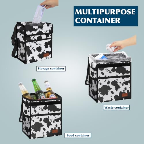 Image of Femuar Leak Proof Car Trash Can with Lid, Collapsible Hanging Waterproof Car Trash Bag with Mesh Pocket for SUV Front Seat Headrest, Cow Print