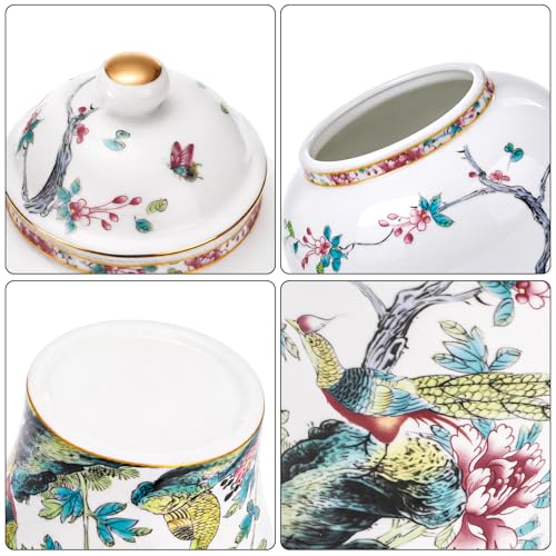 Image of Goaste 7.68 inch Chinoiserie Porcelain Ginger Jar with Lid, Airtight Vintage Ginger Jars with Gilt Edges, Hand-Painted Floral Bird Decorative Vase for Tea Candy Sugar Herbs, Kitchen Coffee Table Shelf