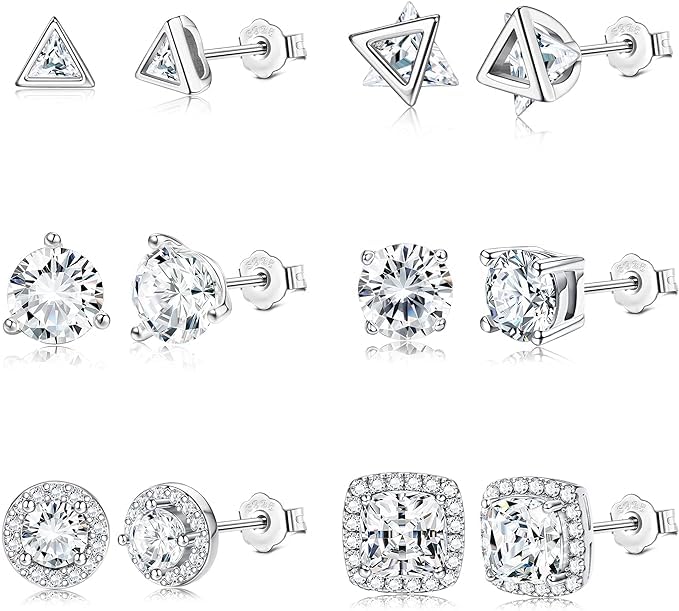 JeryWe 6 Pares 3-6mm Pendientes Perno Con Circonita CúBica Poste plata Ley 925 HipoalergéNicos Redondos Cuadrados Triangulares Conjunto De Pendientes de CartíLago Para Mujeres Hombres