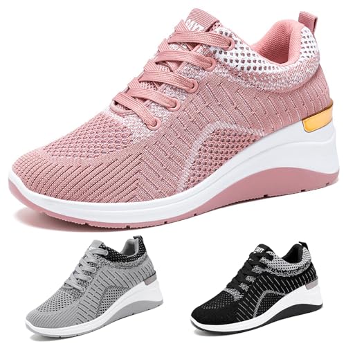 Women's Knitted Mesh Wedge Lace-up Sports Shoes with Arch Support Comfortable Heightened Thick Casual Orthopedic Walking Shoes Outdoor Non-Slip Lightweight Running Tennis Shoes