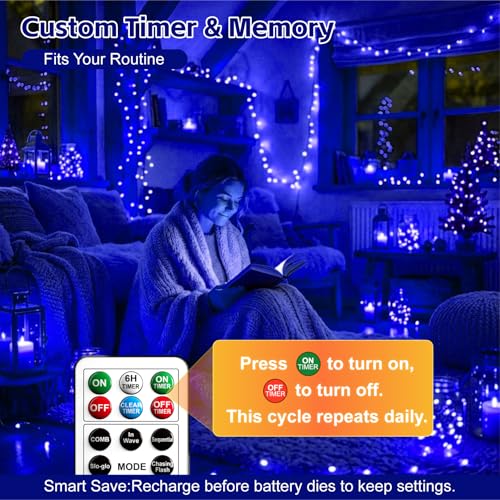 Image of 6 Pack Rechargeable Fairy Lights with Remote & DIY Timer, 7ft 20LED Dimmable Silver Wire String Light for Mason Jar, Mini Twinkle Lights for Indoor Christmas Bedroom Wedding Decor, Blue