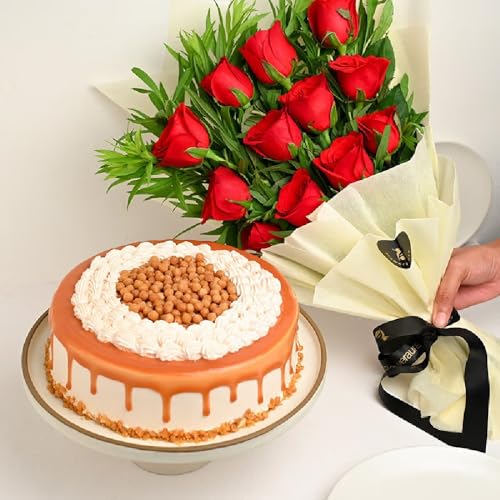 FlowerAura Fresh 500g Butterscotch Cake With Fresh Live 12 Red Roses Flower Bouquet For Valentine's Day Gift, Birthday Gift, Anniversary Gift, Women's Day Gift, Mother's Day Gift (Same Day Delivery)