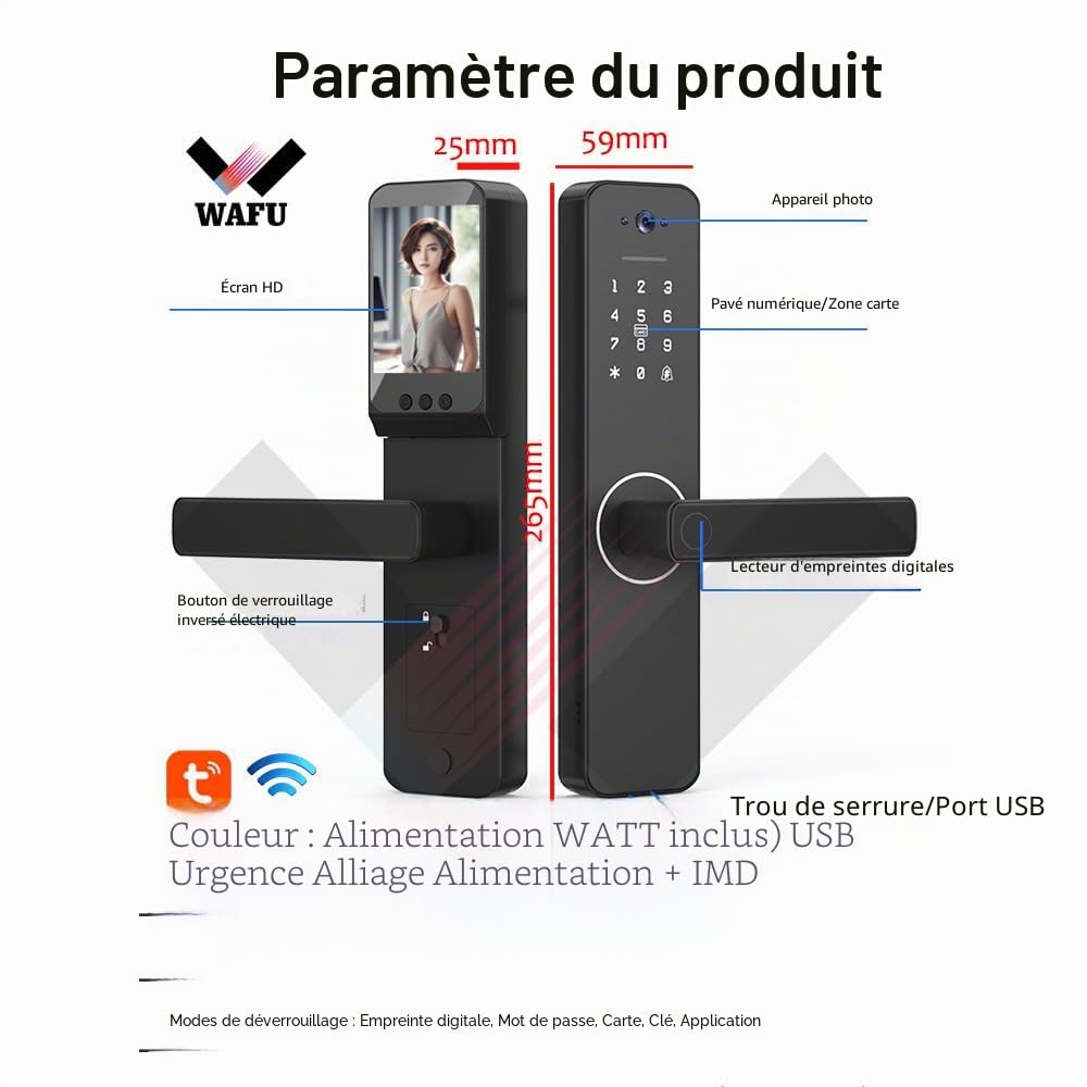 Serrure Intelligente avec Caméra Grand Angle de 120° et Sonnette Intelligente, Serrure de Porte avec Empreinte Digitale, Contrôle à Distance par App, Serrure de Sécurité Wifi pour Portes de