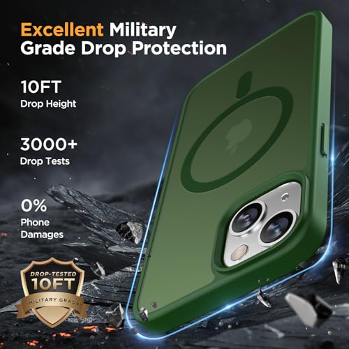 Image of Miracase Magnetic for iPhone 14 Plus Case 6.7 inch (Compatible with MagSafe)(with 2X Screen Protectors) Military-Grade Protection, Anti-Fingerprint Translucent Matte Phone Case Cover, Dark Green