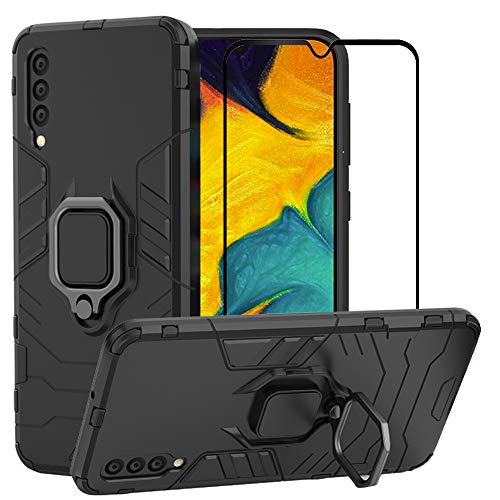 BestAlice for Samsung Galaxy A50 / A50S / A30S Case, Hybrid Heavy Duty Protection Shockproof Defender Kickstand Armor Case Cover Tempered Glass Screen Protector，Black