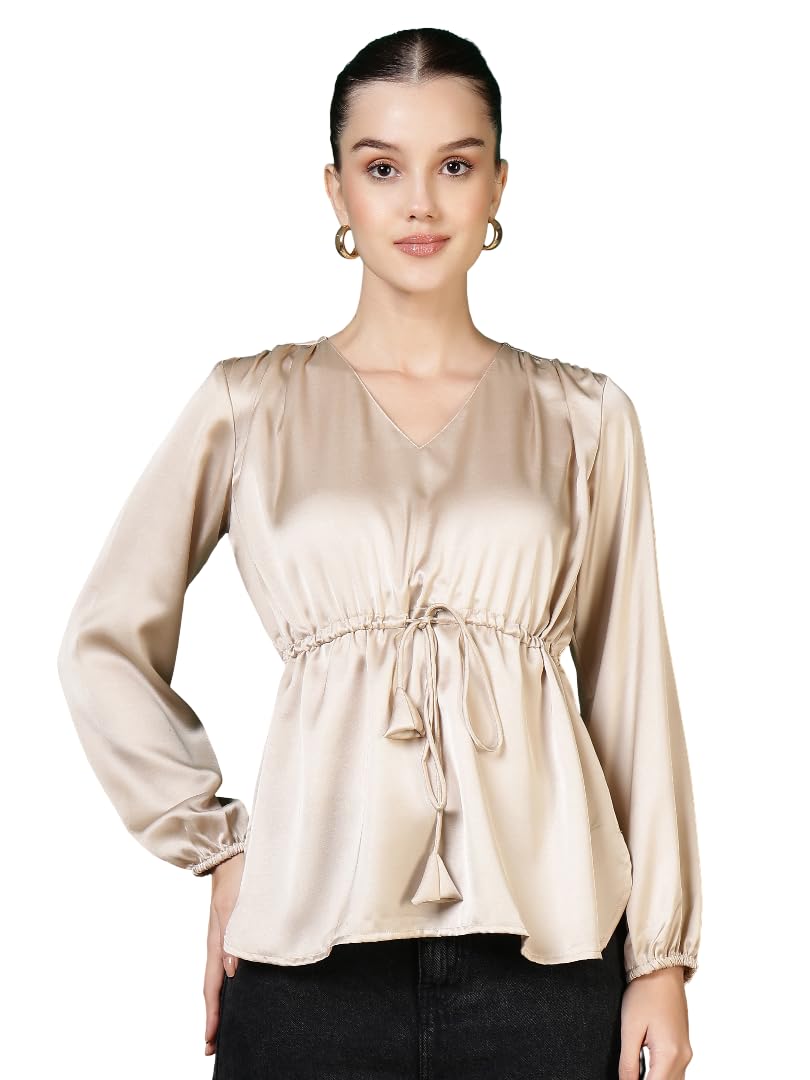 fithub Women V-Neck Tie-Up Waist Wrap Style Top with Bishop Sleeves-picture-36