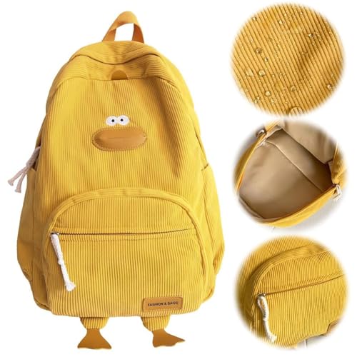 Corduroy Backpack Spacious Capacity Kawaii Backpack Multi-pocket Designed Cute Duck Bag Zippered Novelty Carrier with Double Adjustable Straps for Travel Yellow4