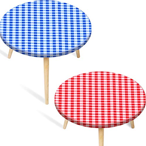 2 Pieces Vinyl Fitted Tablecloth Cover Checkered Flannel Table Cover Waterproof Round Table Protector Elastic Flannel Backed Tablecloth for Indoor Outdoor Use