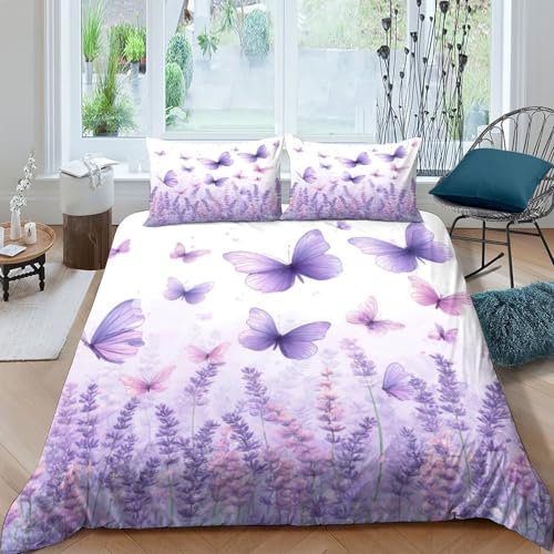 Violet butterflies Housse de Couette 3 pièces Imprimé en 3D Confortable Fantaisie garden illustration Linge de Lit avec 2 Taies d'oreiller Super Douce for Adulte...