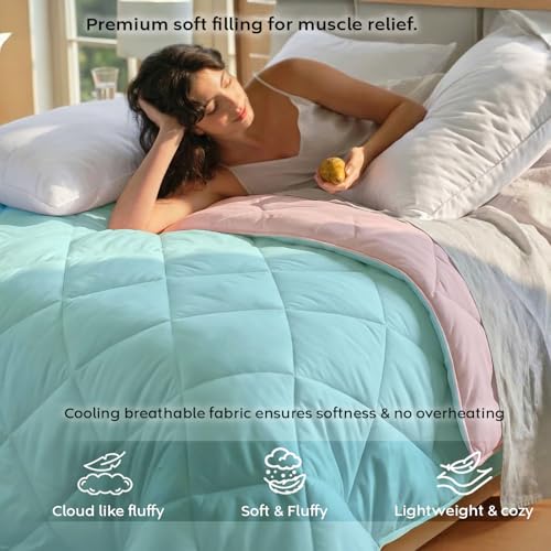 Image of AYKA Reversible AC Comforter 150 GSM Lightweight Microfiber Summer Blanket for Double Bed (90x100 Inches) | Soft Cooling Quilt, Breathable All Season Duvet for AC Room | Aqua & Peach