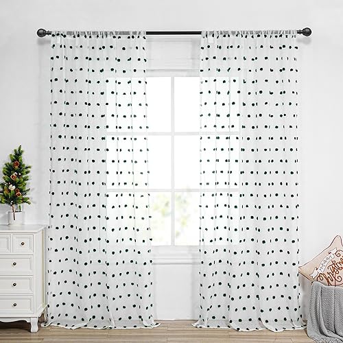 Image of MYSKY HOME Green Pom Pom White Sheer Curtains for Bedroom 95 Inch 2 Pieces