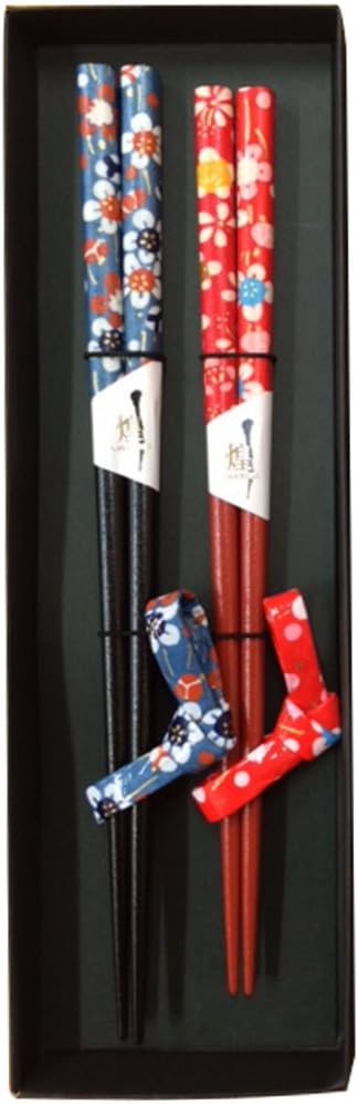 Bеѕt Rеvіеw Kawai Japanese Wooden Chopsticks Reusable 2 Pairs and 2 Chopstick Rests Set in Gift Box, Red and Blue [ Made in Japan/Handcrafted ]