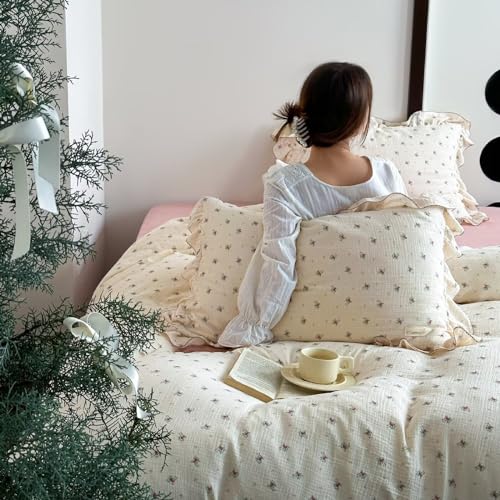 Image of BuLuTu Muslin Cotton Duvet Cover Full Elegant Ruffles Duvet Covers Soft Breathable Comforter Cover Kids Adults Bedding Floral Quilted Cover, 79 inchx90 inch, No Pillow /Pillow Cases