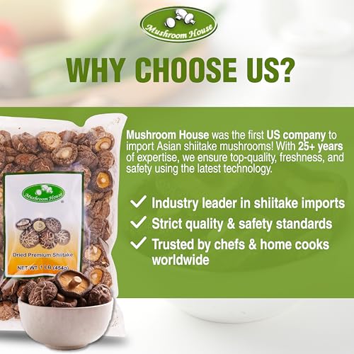 Amazon Title: Mushroom House Dried Shiitake Premium Mushrooms, Whole, 16 oz - Naturally Dried, Rich Umami Flavor - Ideal for Stir-Fries, Soups, Ramen, Stews, and More - Long Shelf Life, Clean and Ready for Cooking