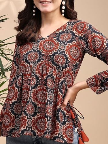 Image of MAHIRA'S Women's Short Kurti, Black Rayon Tunic Top with Embroidered Sleeves, 3 /4 Designer Sleeves