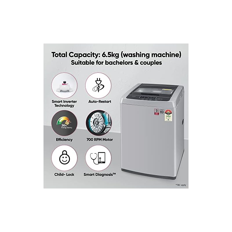 LG 6.5 Kg 5 Star Inverter Turbodrum Fully Automatic Top Loading Washing Machine (T65SKSF4Z, 3 Smart Motion, Tub Clean, Middle Free Silver) - Image 3