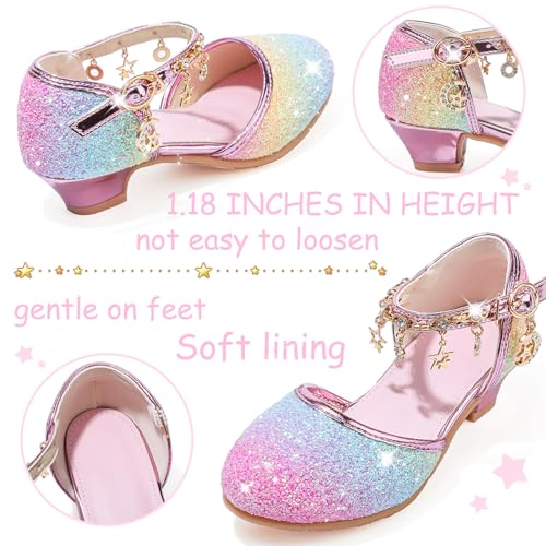 LECYGNB Mädchen Mary Jane Prinzessin Schuhe Ballerinas mit Absatz Glitzer Schuhe Kinder Party Schuhe Halbschuhe Kinder Cosplay Schuhe Hochzeiten Schulschuhe Verlaufsrosa EU 30