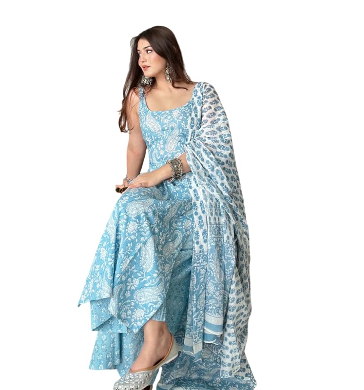 Image of Women's Cotton Anarkali Kurta Set with Dupatta | Sleeveless Printed Kurti & Palazzo Suit | Ethnic Wear for Girls & Women