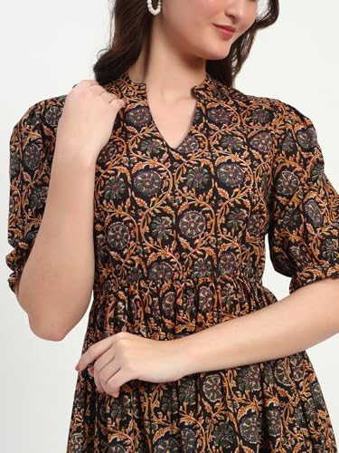 Image of Women's Fit and Flare Dress I Pure Cotton Long Summer Maxi Dress I V-Neck I Casual Wear I Printed Kalamkari Floral Middi