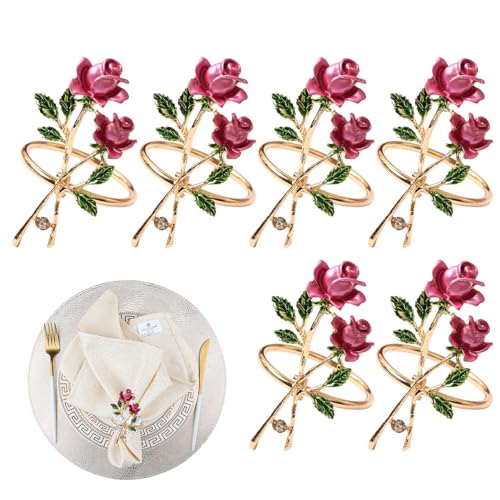 Anillos de toalla rosas | Juego de 6 servilletas redondas de aleación – Regalo de floral, decoración de cocina elegante, decoración romántica para el hogar para mesa, fiesta, banquete