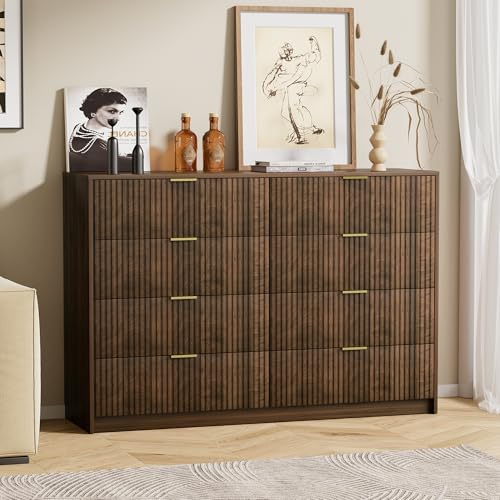 Image of Furniway 3 Piece Bedroom Set, 8 Drawer Dresser and 3-Drawer Nightstand Set of 2 with Gold Handles, Mid-Century Modern Wood Chest of Drawers Storage Cabinet for Bedroom, Walnut