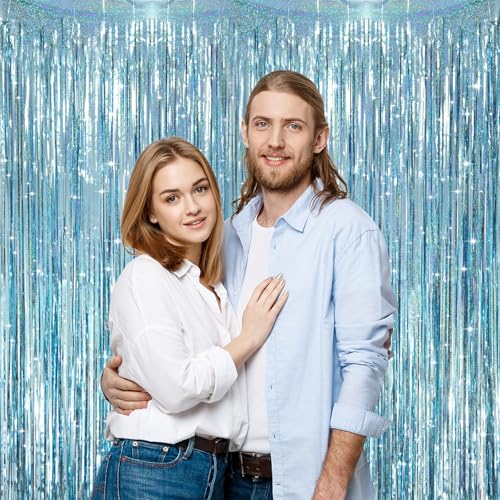 Image of Voircoloria 2 Pack Laser Light Blue Foil Fringe Curtains, Tinsel Streamers Birthday Party Decorations, Fringe Backdrop for Kids Birthday, Sea, Blue Theme Party
