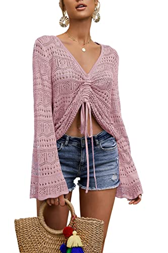 Image of Saodimallsu Womens Boho Off Shoulder Sheer Crop Tops Bell Sleeve Flowy Oversized Crochet Ruched Pullover Sweaters