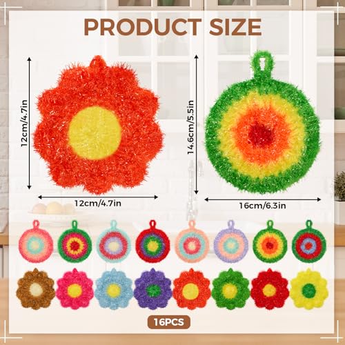 Image of Kenning 16 Pcs Dish Scrubber Non Scratch Dish Washing Scrubbers Reusable Household Cleaning Kitchen Tools for Dishwashing Washing Dishes Cookware Tubs Sinks (Flower)