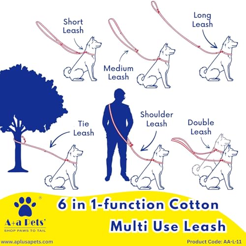 Image of A+a Pets' Multi-Function Cotton Leash to Walk 2 Dogs | Long, Short, Hands Free, Traffic, Running, Walking | Adjustable, Soft Comfortable (Pink & Mango)