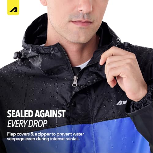 Image of Boldfit Rain Coat for Men Waterproof Raincoat Set for Women with Reflective Trim-Windproof Jacket & Pants Suit with Hood, Pockets & Breathable, Durable Fabric for Outdoor, Travel- Black Blue, M-L