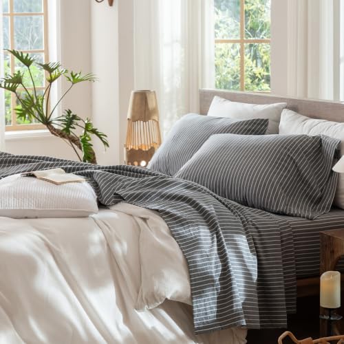 Image of MooMee Striped Sheet Set 100% Washed Cotton Linen Like Queen