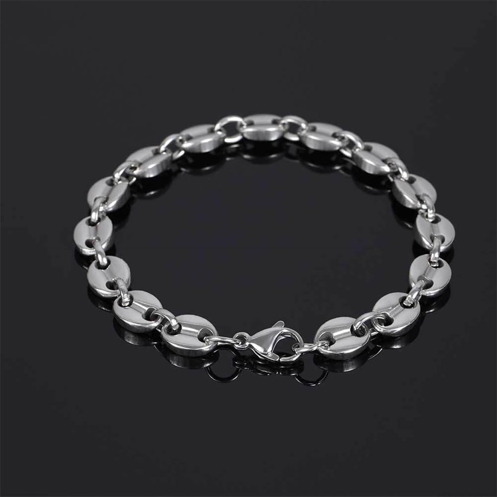 PAURO Unisex Stainless Steel Hip Hop Coffee Bean Oval Button Chain Necklace Charm Pig Nose Bracelets Biker Jewelry