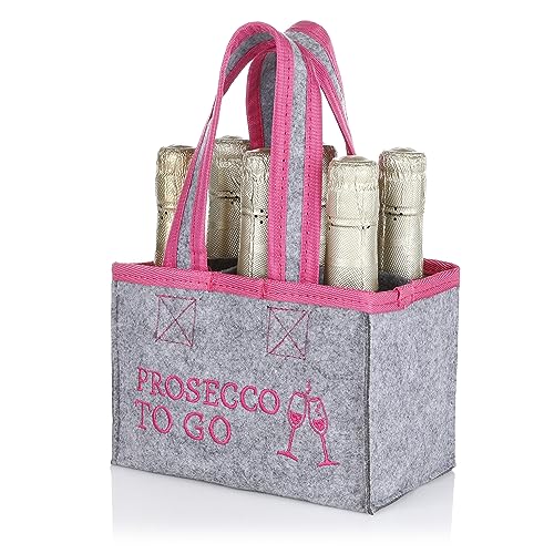 FunX Flaschentasche Prosecco to go - Filztasche für 6 Flaschen - Grau mit Trageschlaufen und Aufdruck - Vielseitig einsetzbar - 19x12x14 cm
