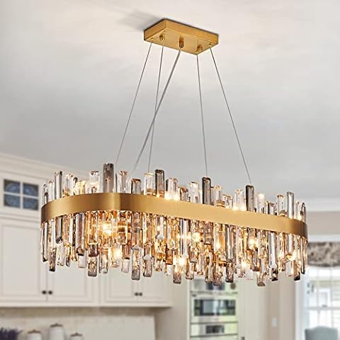 Siljoy 35.4'' Gold Oval Crystal Chandelier for Dining Room, 16-Light Modern Rectangular K9 Crystal Raindrop Chandelier, Luxury Brass Ceiling Pendant Lighting for Living Room Kitchen Island Cover