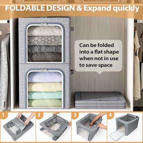 Image of 8 Pack Clothes Storage Bins with Metal Frame Foldable Clothing Storage Bins with Lids 49L Stackable Storage Box for Closet Fabric Organizer with Clear Window for Sweaters T-Shirts Bedding,Light Grey