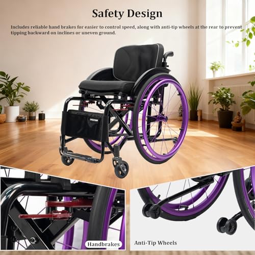 Image of Lightweight Wheelchair for Adults, Portable Folding Sports Chair, Self-propelled, Aluminum Alloy, with Handbrakes & Anti-Tip Wheels(Black,16.9in Seat Width)