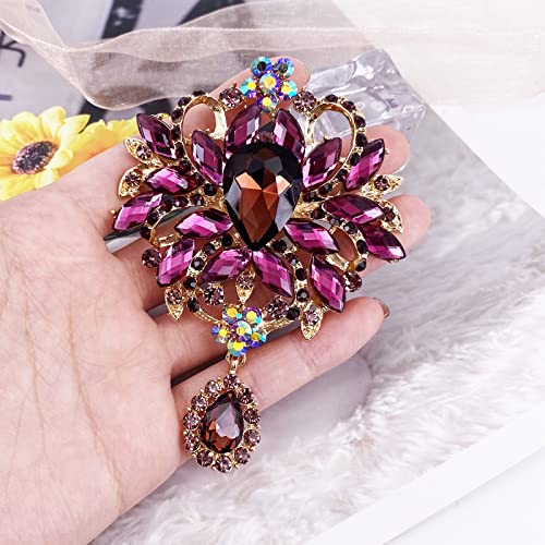 Image of LAXPICOL Wedding Bridal Big Brown Crystal Rhinestone Bouquet Brooch Pin for Women Golden Tone