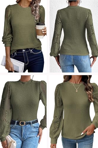 Image of BLENCOT Womens Casual Crochet Top Mesh Lace Long Sleeve Shirts Waffle Knit Blouse Crewneck Shirt Fall Womens Tops Pullover