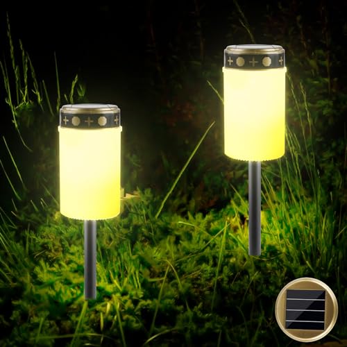 Vaileal 2 Stück Grablicht: Grablicht Solar, Solar LED Grableuchte, Wasserdichtes Outdoor Friedhofskerze Solarbetrieben mit Lichtsensor, Grableuchte, Grabkerze mit Erdspieß, Kerzen Outdoor, 7 x12 cm