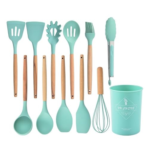 Juego Utensilios de Cocina de Silicona 12 Piezas sin bpa, set de utensilio de cocina antiaderente, Resistente al Calor y Antiadherente con Mango de Madera para cocina Utensilios sin BPA (Turquesa)