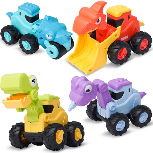 Image of LiKee Dinosaur Toy Cars for Toddlers 1-3 Boys, Large Construction Toys Truck for Kids 2-4 Birthday Gift, 4 Pcs Press Go Vehicles Playset, Push and Go Friction Racing Cars for 18+ Months Baby Infant