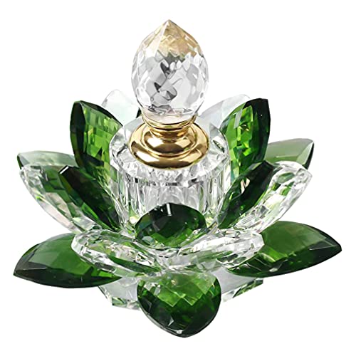 HEALLILY Crystal Perfume Bottle Green Lotus Figurine Empty Dispenser Refillable Essential Oil Vial Container for Home Office