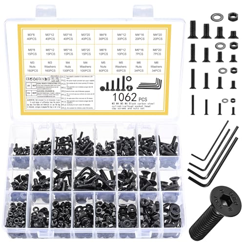 1062 Pcs Countersunk Bolts and Nuts Set, M3 M4 M5 M6 Screws Set, Machine Screws Nuts and Bolts Assortment, Assorted Flat Head Hex Socket Head Cap Bolt and Nut and Washers Kit, with Wrench(Black)