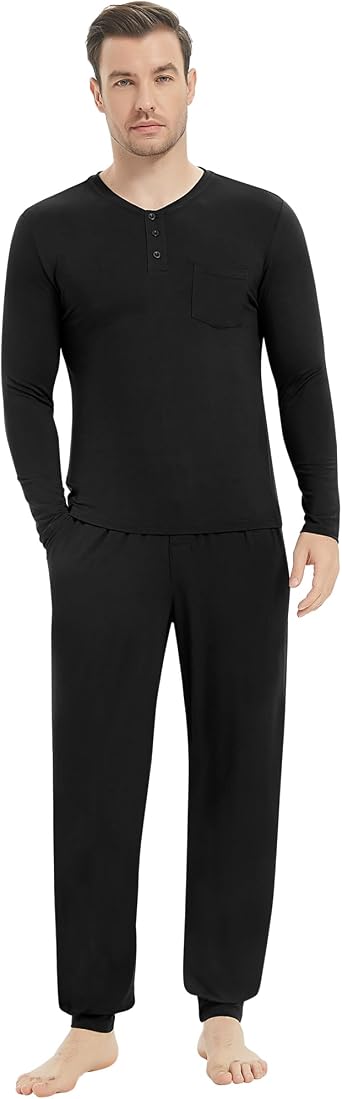 NACHILA Mens Pajamas Set Long Henley Sleepwear Top Soft Jogger Pants Pajamas Cool Pjs Set، Viscose Made from Bamboo