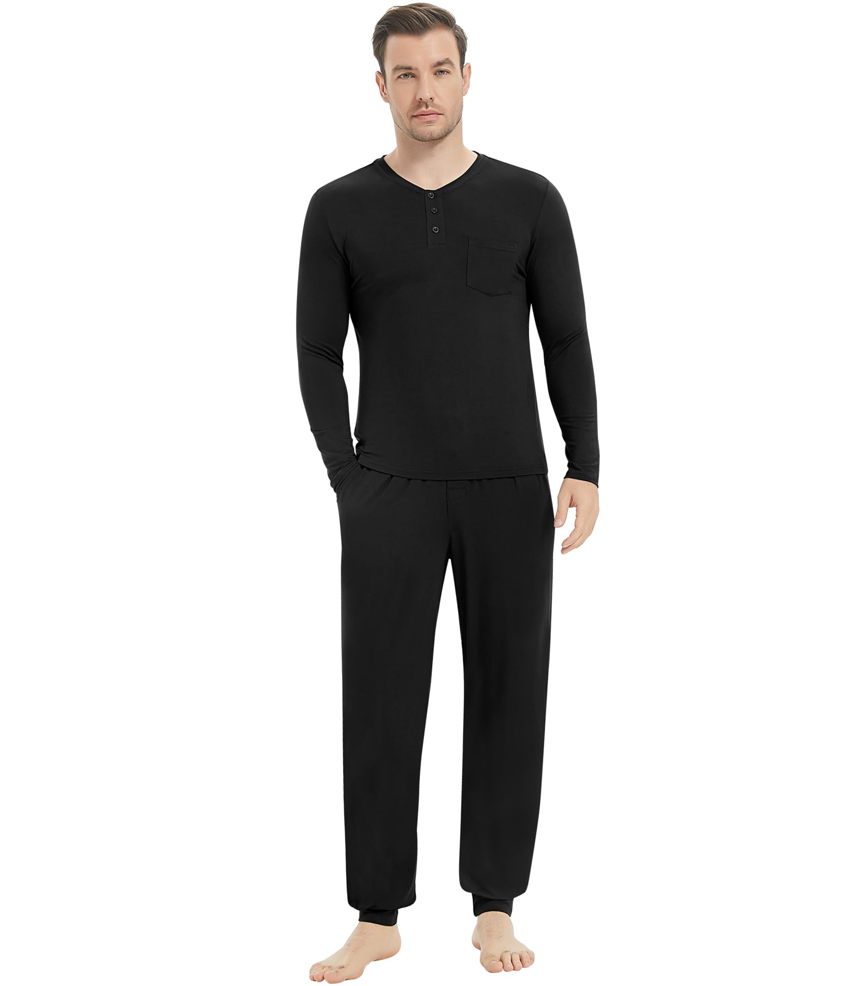 NACHILA Mens Pajamas Set Viscose Made from Bamboo Henley Top Sleep Pants