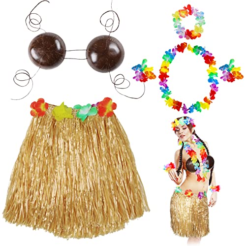 Tigeen 6 Pcs Coconut Bra Hawaiian Grass Hula Skirt Costume Set Dance Leis Outfit for Women Luau Party Supplies,15.7 Inch