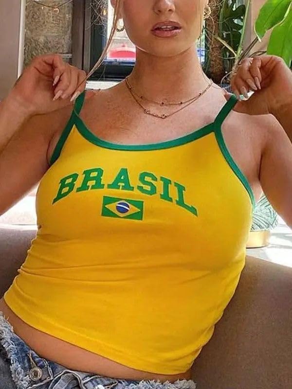 Brazil Strap Tank Top France Crop Top Y2k Shirts Graphic Tees for Women Vintage 90s Streetwear Baby Tees for Women - Image 4
